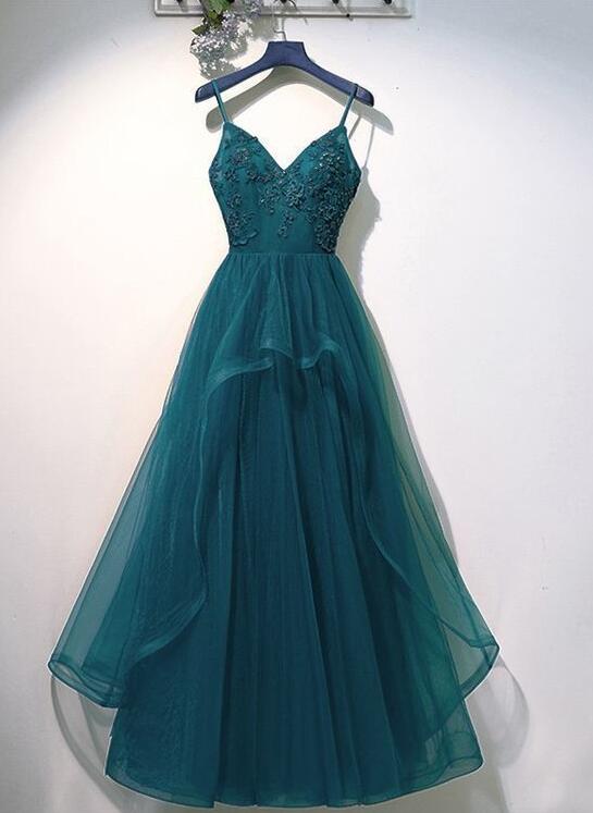 V Neck Tulle Prom Dresses Long Prom Dress