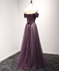 Purple Tulle Lace Off Shoulder Long Prom Dress, Purple Evening Dress