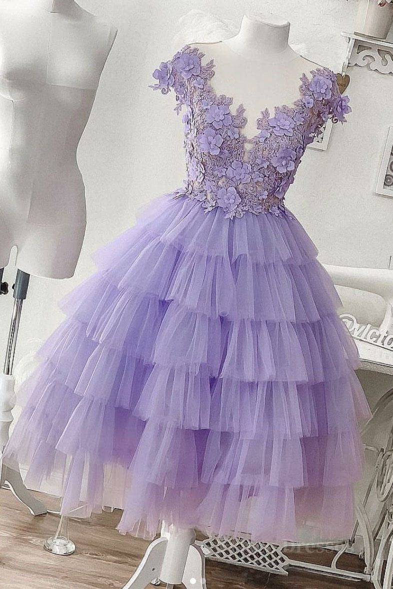 Purple tulle short prom dress, purple evening dress