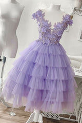 Purple tulle short prom dress, purple evening dress