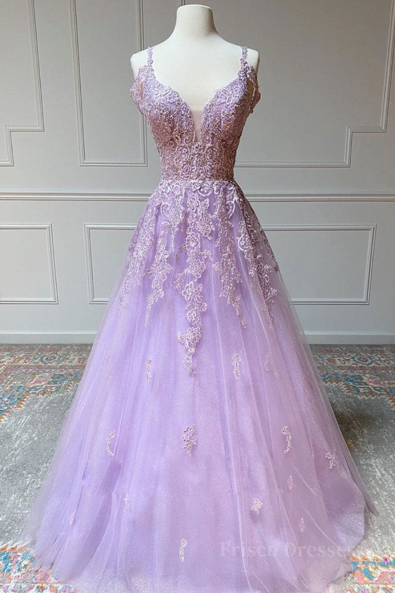 Purple v neck tulle lace long prom dress purple lace formal dress