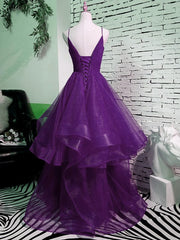 Purple V-neckline Straps Layers Tulle Party Gown, Purple Evening Dress