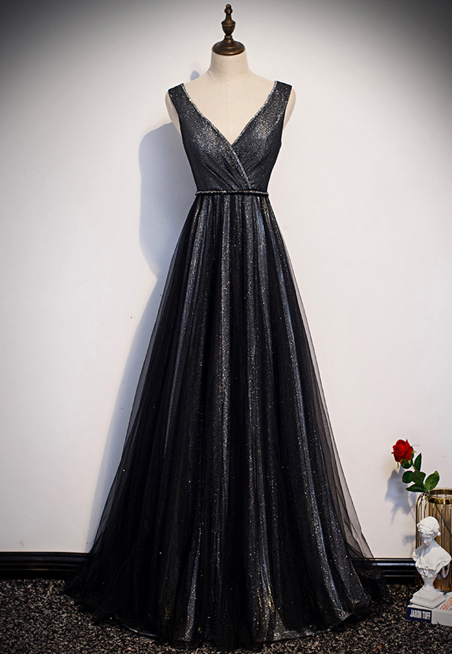 Black V-Neck Tulle Long Prom Dresses, A-Line Evening Dresses