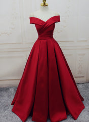 Red Satin Off Shoulder Handmade Long Formal Dress, Handmade Red Formal Gown