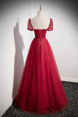 Red Scoop Neckline Tulle Formal Dress with Beaded, A-Line Short Sleeve Party Dress