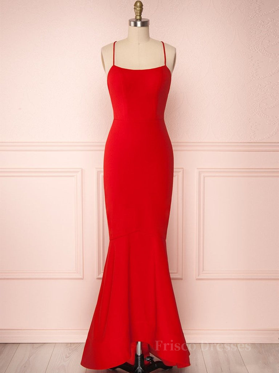 Red Thin Straps Mermaid Backless Long Prom Dresses, Red Mermaid Formal Dresses, Red Evening Dresses