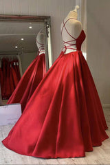 Red Satin Spaghetti Tira longa vestido de baile, vestido formal da princesa inchada