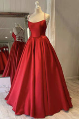 Bouettes à spaghetti en satin rouge, robe de bal longue, robe formelle gonflée princesse