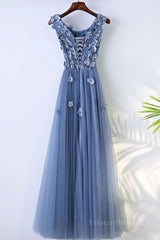 Round Neck Blue Lace Floral Long Prom Dresses, Blue Lace Long Formal Evening Dresses