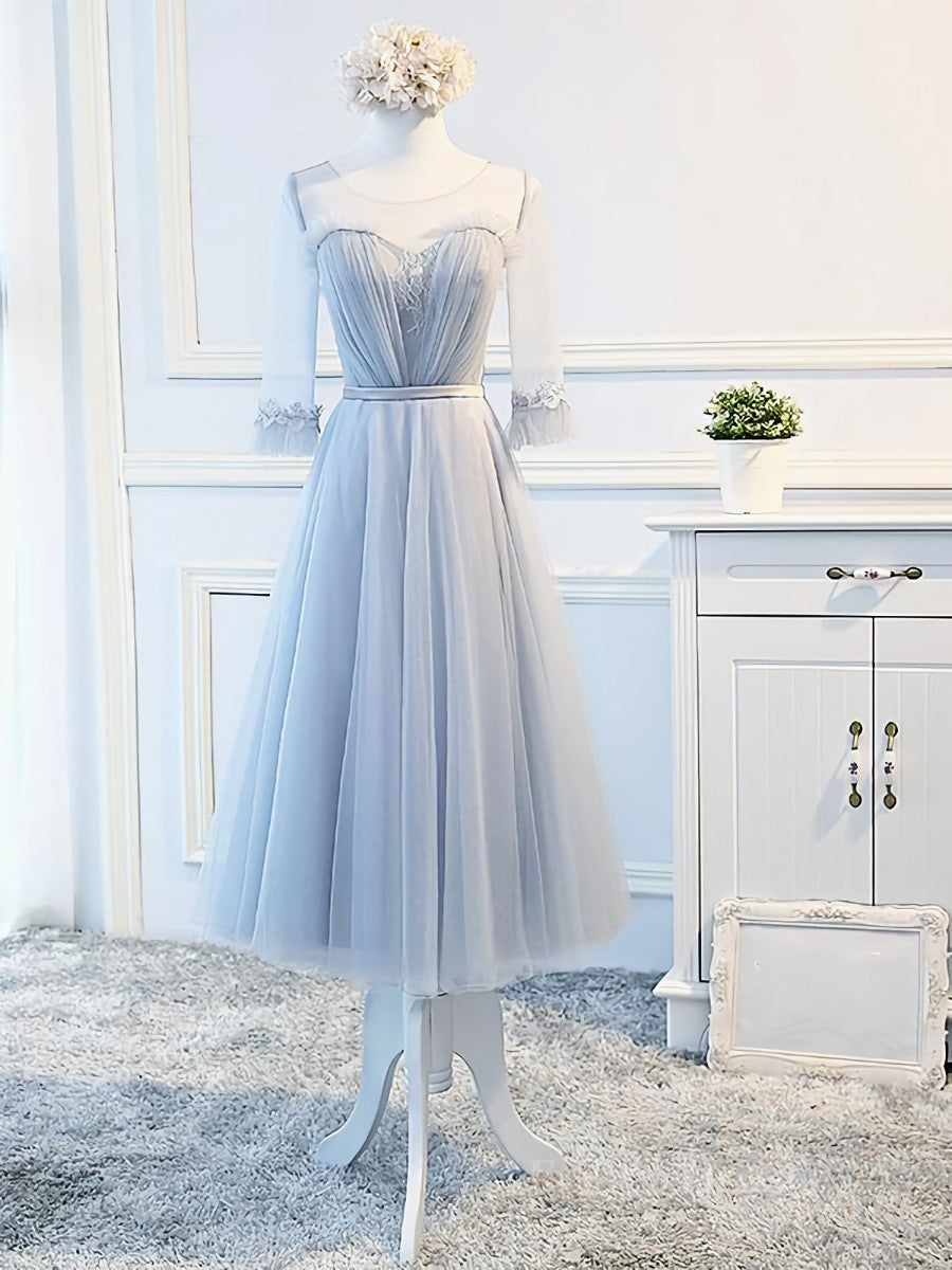 Round Neck Long Sleeves Blue Prom Dresses, Long Sleeves Blue Formal Bridesmaid Evening Dresses