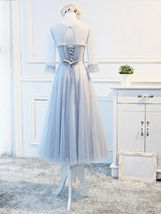 Round Neck Long Sleeves Blue Prom Dresses, Long Sleeves Blue Formal Bridesmaid Evening Dresses