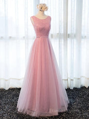 Round Neck Pink Beaded Long Prom Dresses, Pink Long Formal Evening Dresses