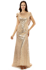 Scoop Backless Floor-length Sparkle Sequins Champagne Prom Dresses