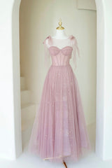 Scoop Neckline Tulle Pink Long Prom Dress, Cute A-Line Evening Party Dress
