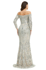 Sequins Mermaid Long Sleeves Off the Shoulder Evening Dresses