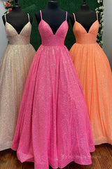 Shiny Tulle V Neck Backless Hot Pink/Orange/Champagne Long Prom Dresses, Backless Hot Pink/Orange/Champagne Formal Graduation Evening Dresses