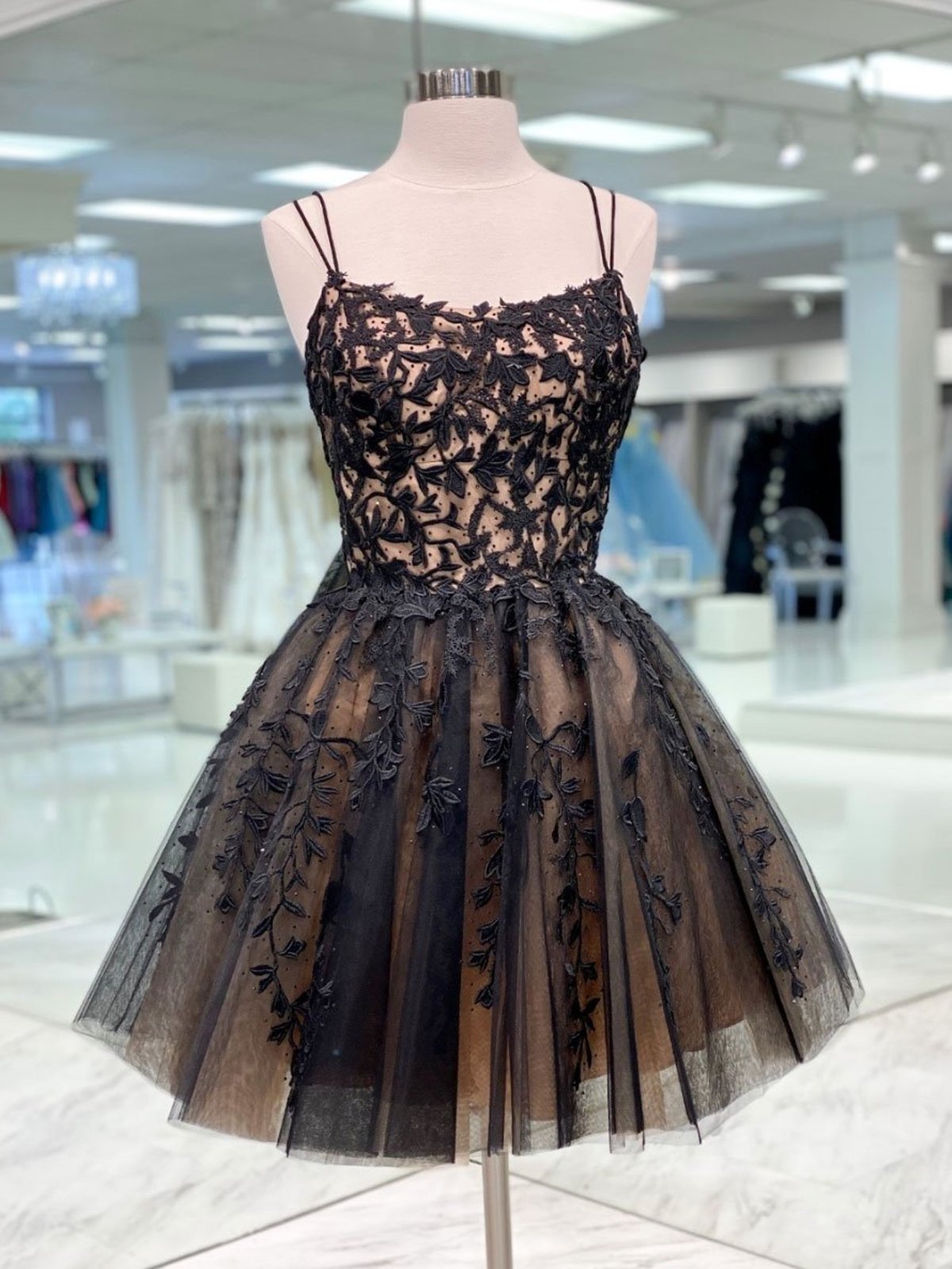 Short Champagne Black Lace Prom Dresses, Short Black Lace Graduation Homecoming Dresses