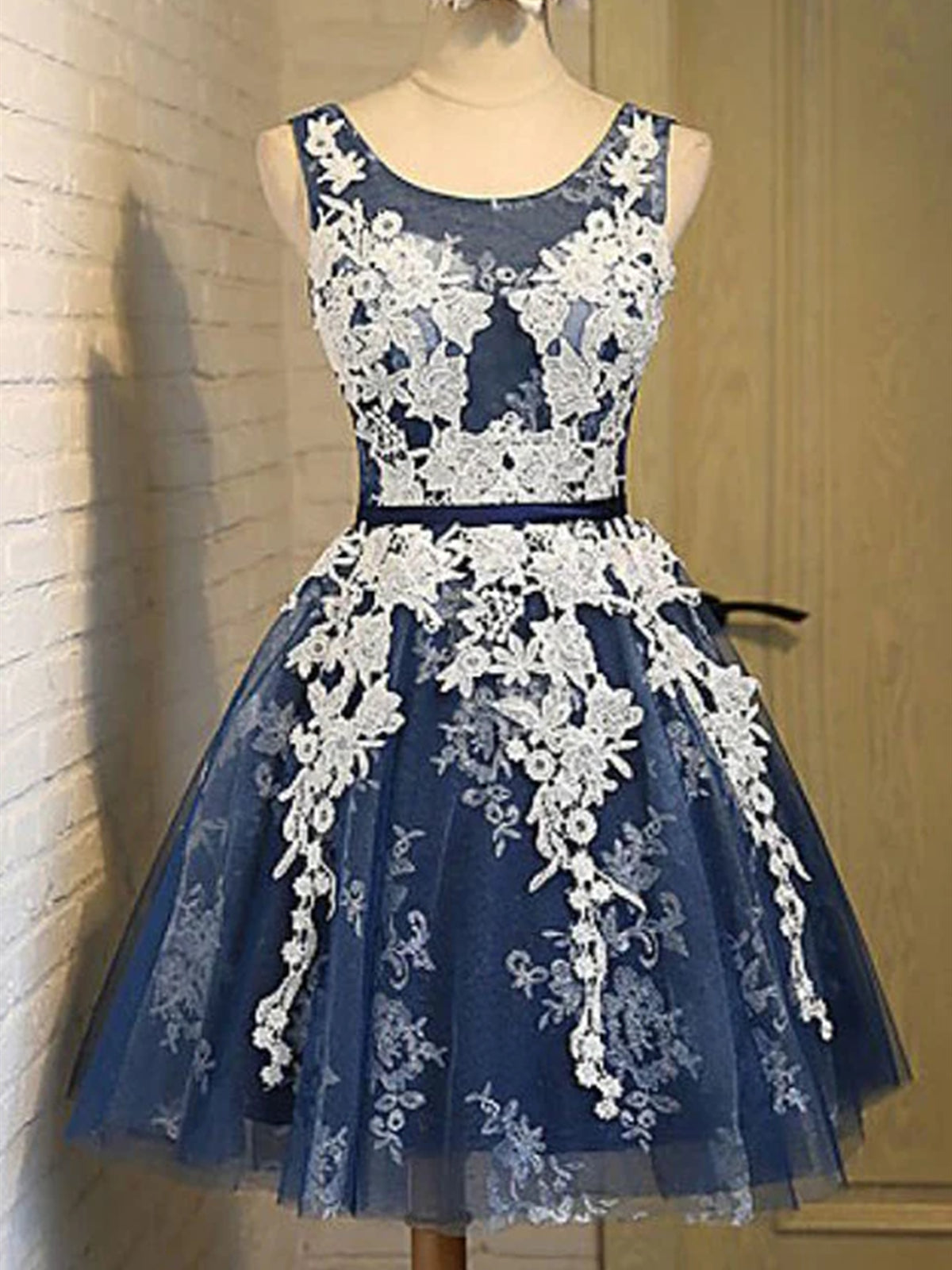 Short Dark Navy Blue Prom Dress with White Lace, Short Dark Navy Blue Graduation Homecoming Dresses