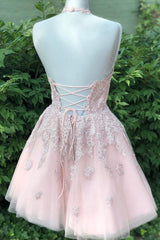 Short Halter Neck Pink Lace Prom Dresses, Halter Neck Short Pink Lace Graduation Homecoming Dresses