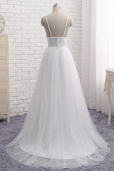 Simple A Line V Neck White Wedding Dresses, V Neck White Tulle Prom Formal Dresses