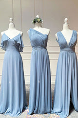 Simple blue chiffon long prom dress blue chiffon bridesmaid dress