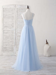 Simple Blue Tulle Long Prom Dress Blue Bridesmaid Dress