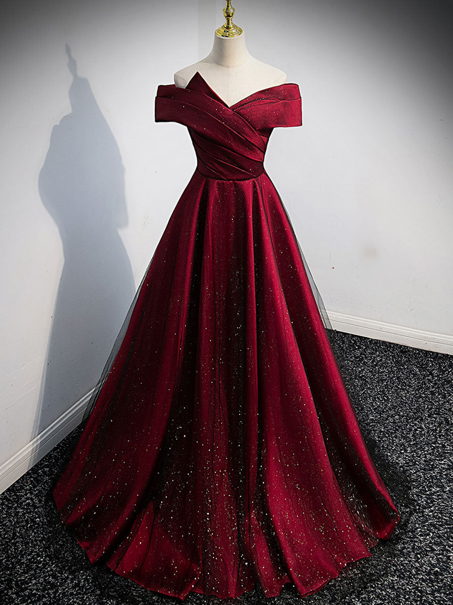 Simple Burgundy Satin Long Prom Dress, Burgundy Evening Dresses