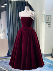 Simple burgundy tea length prom dress, burgundy homecoming dress