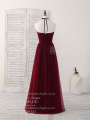 Simple Burgundy Tulle Long Prom Dress, Burgundy Bridesmaid Dress