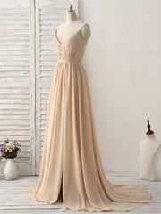 Simple Champagne Long Prom Dresses V Neck Chiffon Bridesmaid Dress