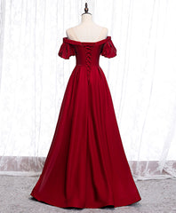 Simple Sweetheart Burgundy Satin Long Prom Dress, Burgundy Formal Graduation Dress