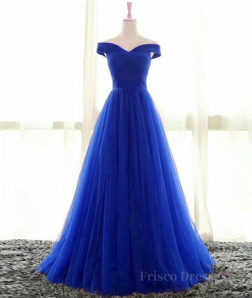 Simple sweetheart tulle blue long prom dress, blue evening dress