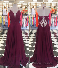 Simple v neck chiffon backless long prom dress, Burgundy evening dress