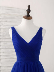 Simple V Neck Royal Blue Tulle Long Prom Dress Blue Evening Dress