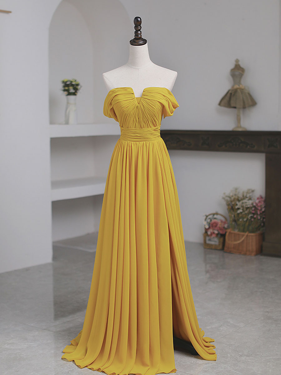 Simple Yellow Off Shoulder Long Prom Dress, Yellow Chiffon Graduation Dresses