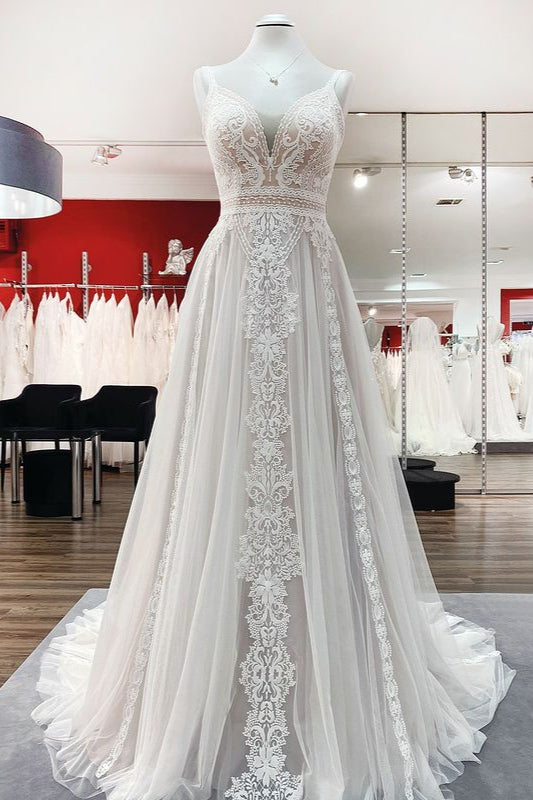 Simply Long A-line Tulle Lace Open Back Wedding Dresses