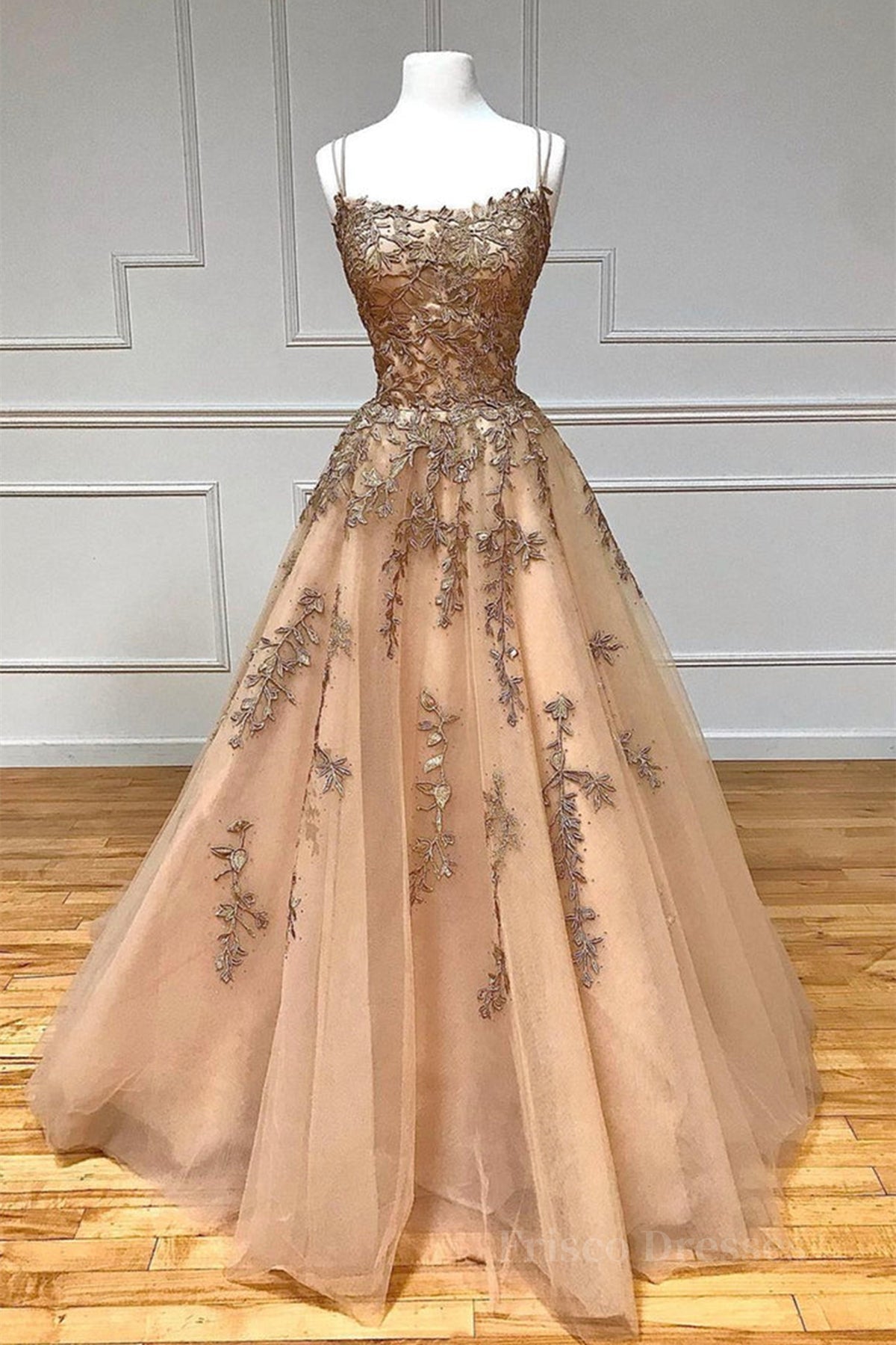 Spaghetti Straps Champagne Lace Tulle Long Prom Dress, Champagne Lace Formal Evening Dress, Champagne Ball Gown