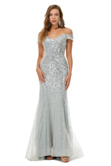 Sparkle Silver Mermaid Beaded Cap Sleeves Off-The-Shoulder Prom Dresses