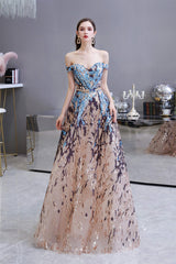 Sparkly Off-the-Shoulder Sequins A line Prom Dresses Floor Length