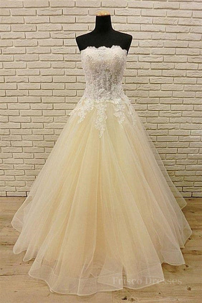 A Line V Neck Champagne Lace Prom Dresses, Champagne Lace Formal