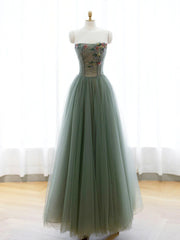 Strapless Green Tulle Floral Long Prom Dresses, Green Tulle Floral Formal Evening Dresses