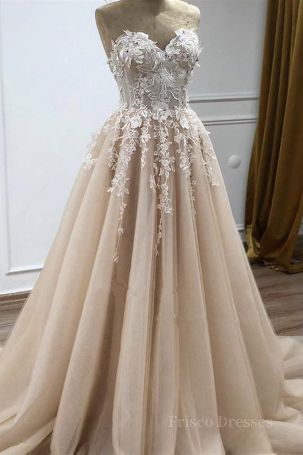 Strapless Sweetheart Neck Champagne Lace Appliques Long Prom Dress, Champagne Lace Floral Formal Evening Dress