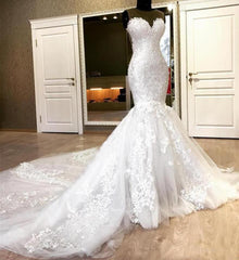 Sweetheart White Illusion neck Mermaid Beaded Lace Wedding Dress