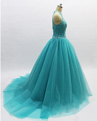 Teal Blue Tulle Beaded Ball Gown High Neckline Sweet 16 Dress, Blue Quinceanera Dresses