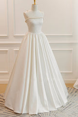 Thin Straps Open Back Ivory Satin Long Prom Dresses with Pearls, Long Ivory Formal Graduation Evening Dresses