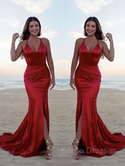 Trumpet/Mermaid Halter Sweep Train Silk like Satin Prom Dresses With Leg Slit