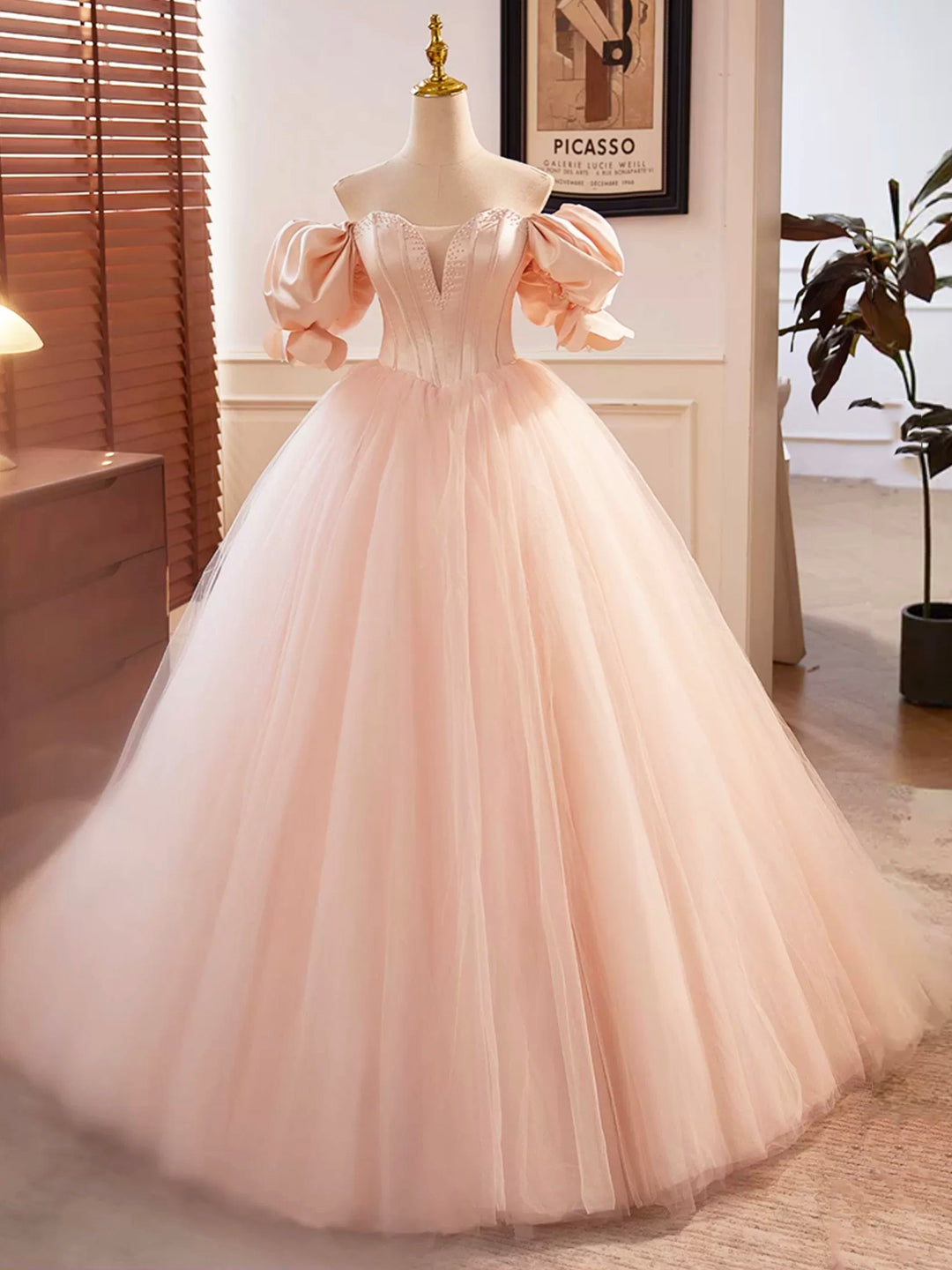 Pink Sweetheart Neck Corset Tulle Prom Dress, A-Line Off the Shoulder Sweet 16 Dress