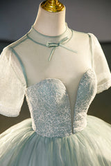 Tulle Long A-Line Prom Dress, Gray Green  Formal Dress Sweet 16 dress