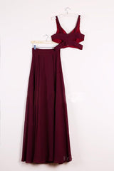 Two Pieces Burgundy Long Prom Dresses, Dark Wine Red 2 Pieces Long Formal Bridesmaid Dresses