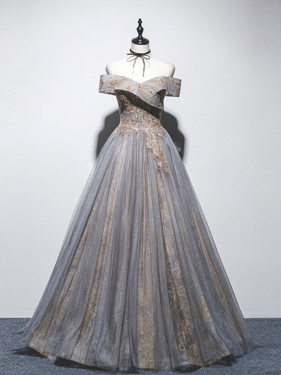 Unique Off Shoulder Tulle Long Gray Prom Dress, A line Tulle Lace Evening Dress